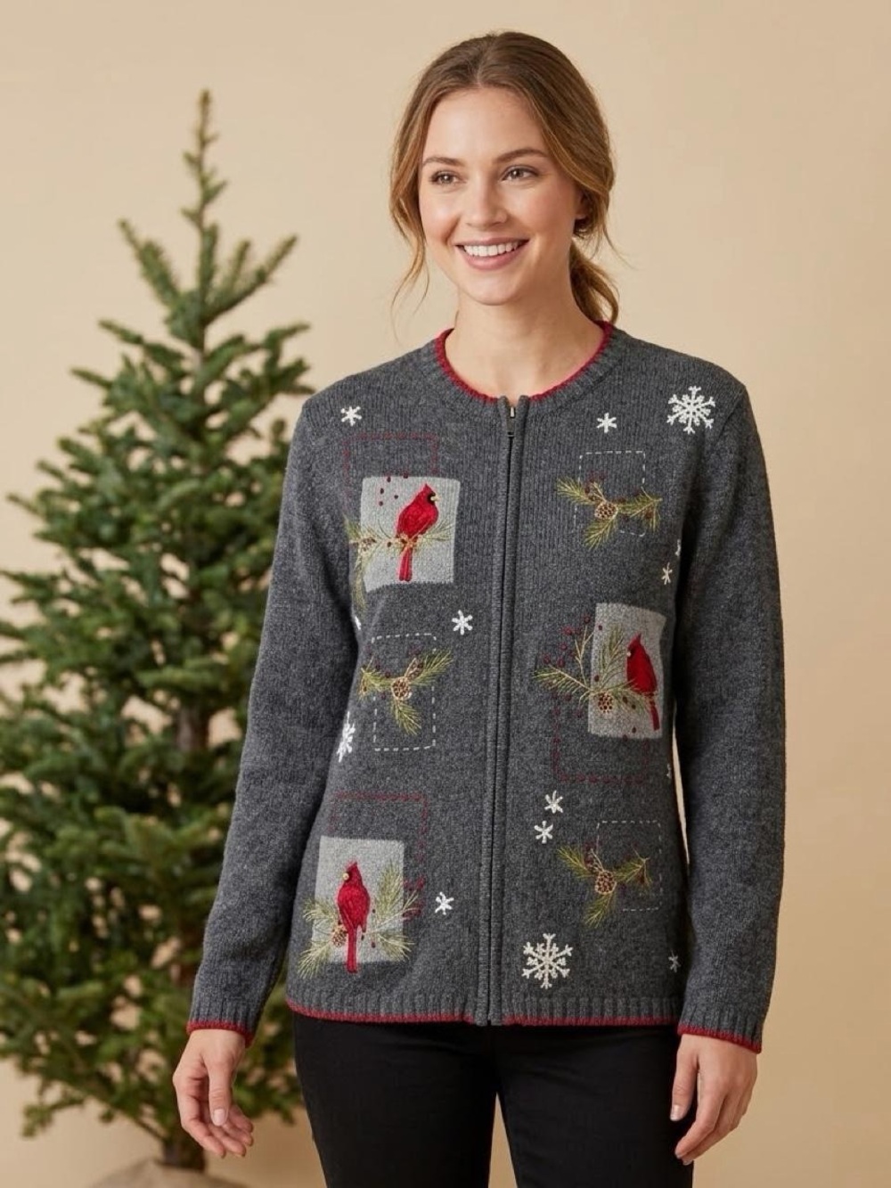 croft & barrow Charcoal Zip-Front Cardinal Embroidered Cardigan